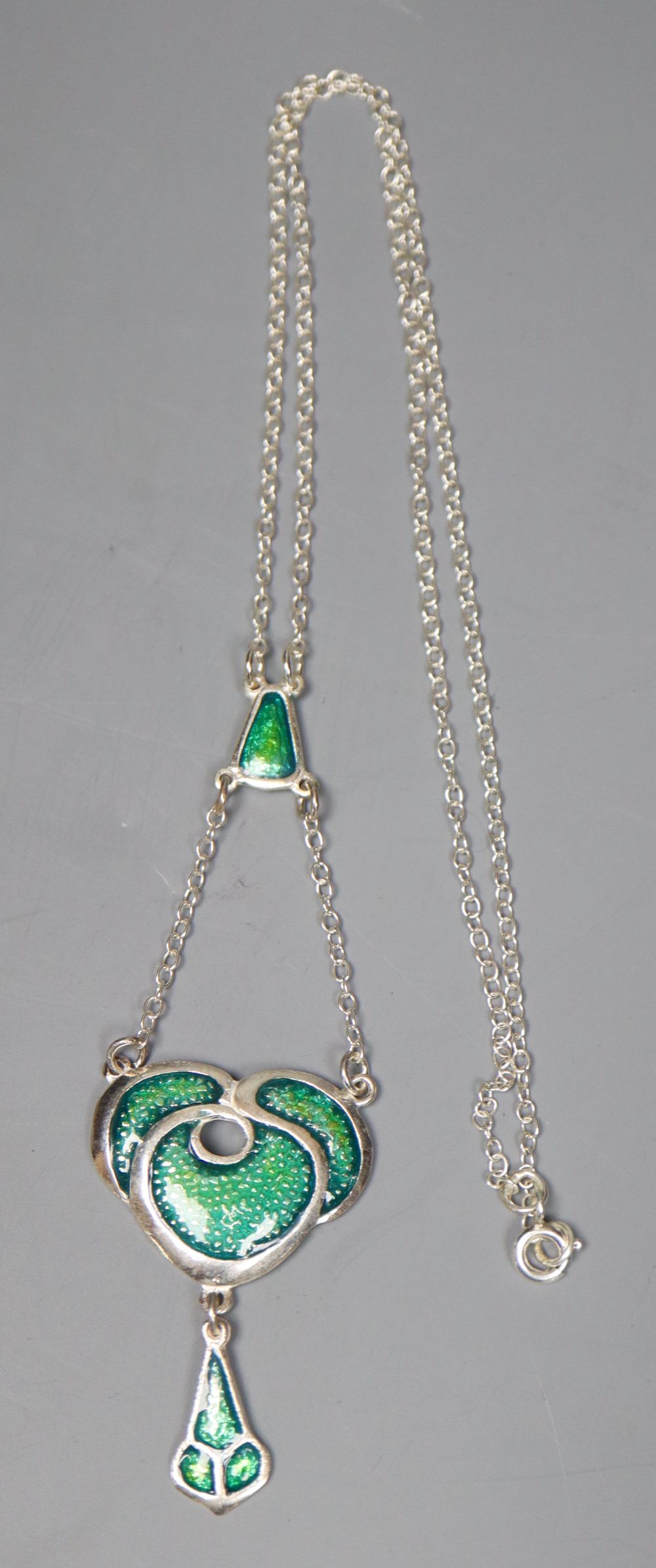 A modern Art Nouveau style sterling and enamel drop pendant necklace, overall 56cm.